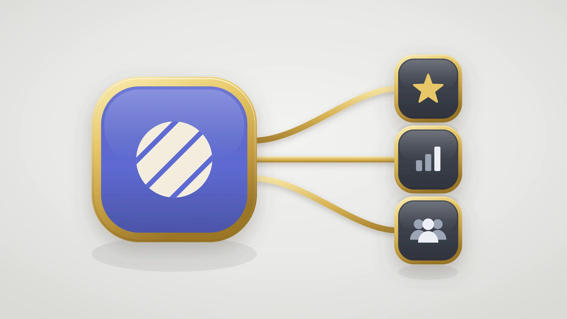 A Linear-indigo badge branching along gold rails to three small badges for customer tier, revenue, and size, showing CRM data filling Linear customer records