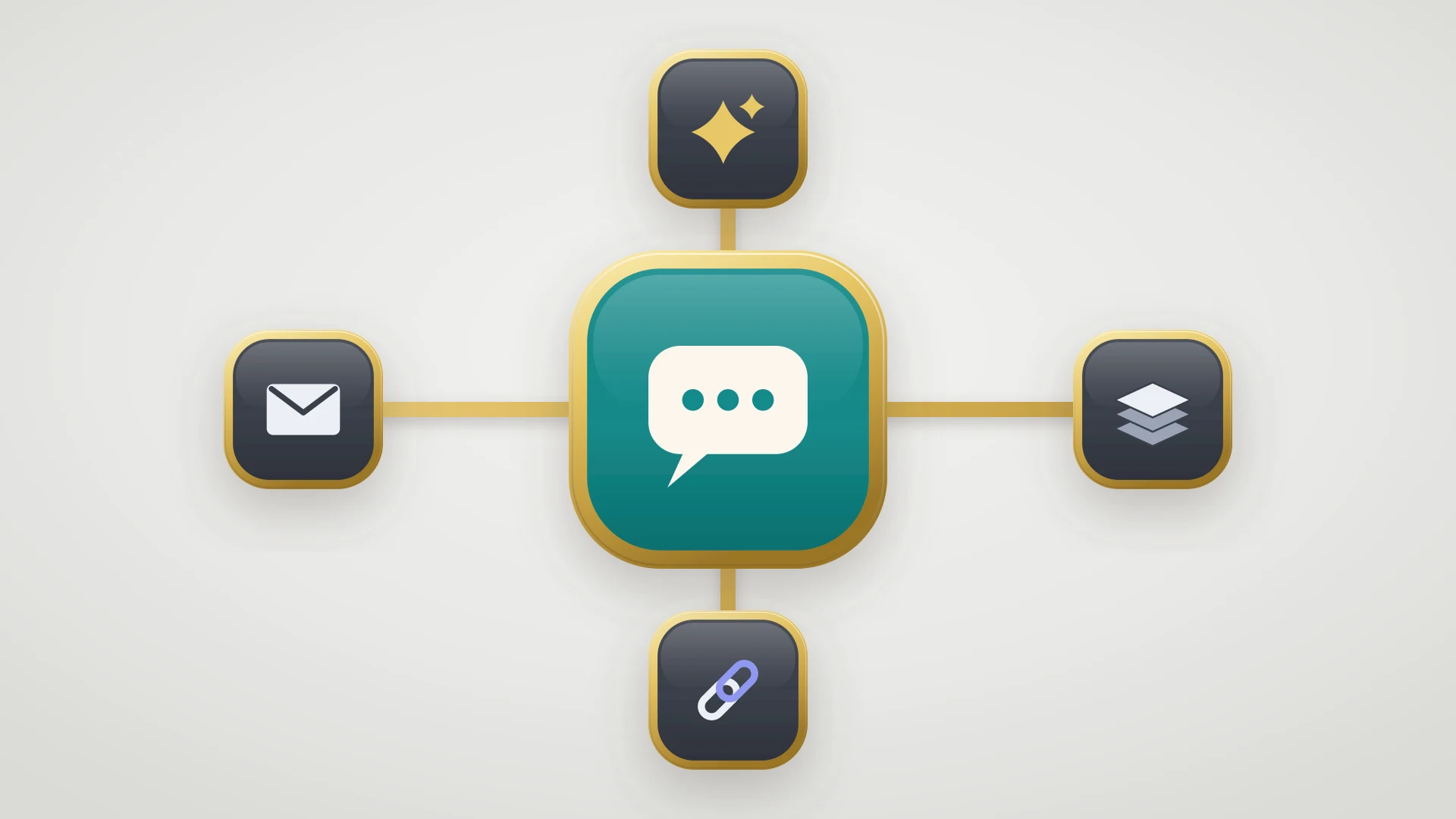 A teal badge with a chat bubble at the centre, joined by gold spokes to four slate badges showing an envelope, a sparkle, stacked layers and a chain link, for the kinds of tools teams compare against Pylon